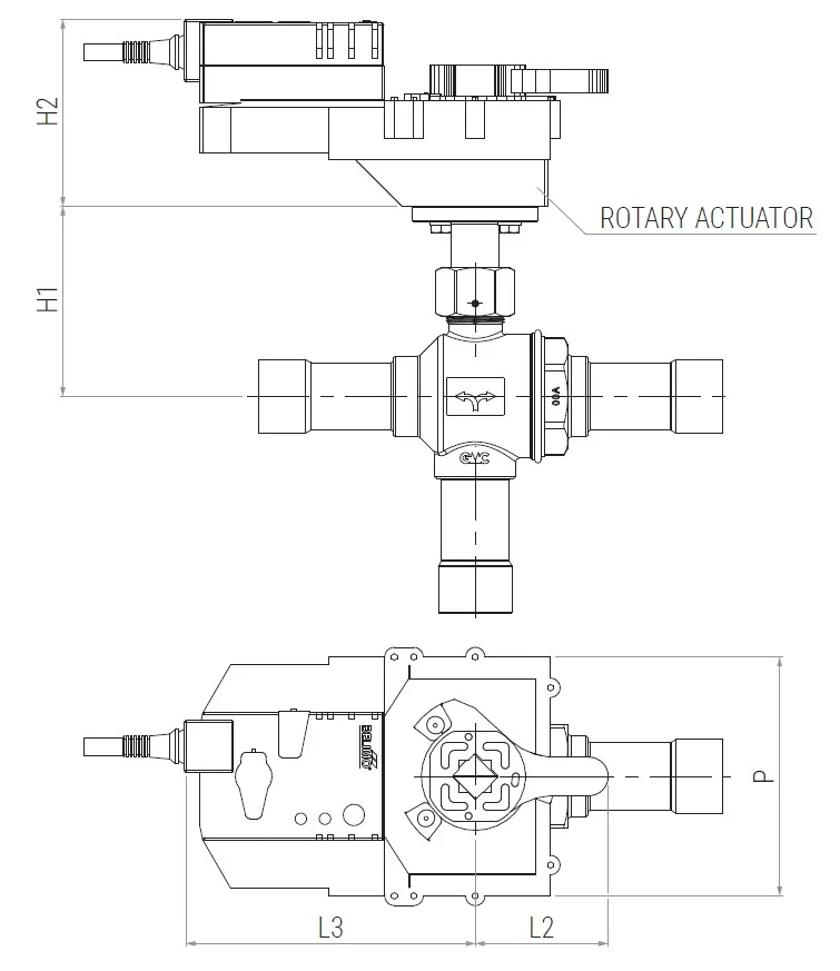 04 - motorized three way ball valves tech drawing with motor